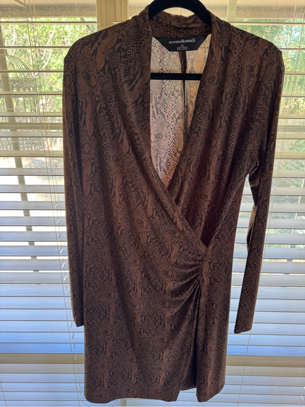 Norma Kamali Long-Sleeve Brown Snake-Print Wrap Dress